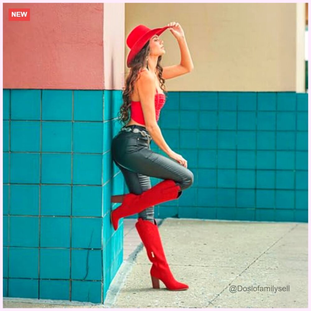 Knee High Cowboy Boots Pointed Toe Chunky Heel Pull-On Embroidered Western - Picture 2 of 7